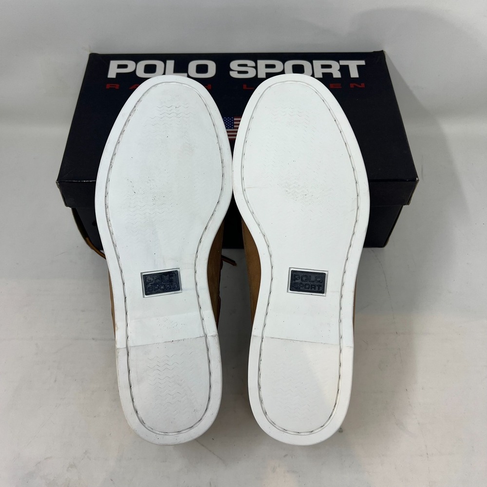 Polo Sport Ralph Lauren Boat Shoes Tan Leather Moc Toe Beige Men's 8D VTG NEW - Picture 12 of 16